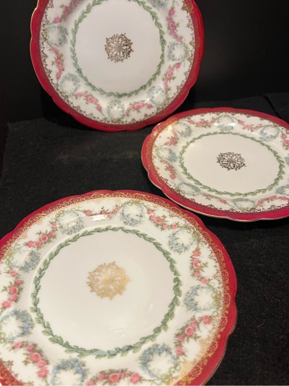 VTG Imperial Crown Dainty Floral Wine Trim 6” Plates Made in Austria Set of 3